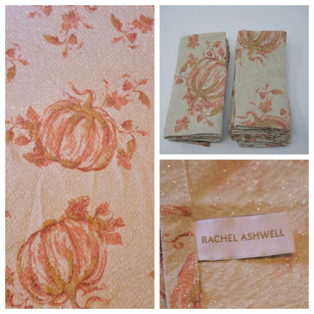 RACHEL ASHWELL Metallic Gold Pumpkins Set of 8 Napkins Never Used Shabby Chic